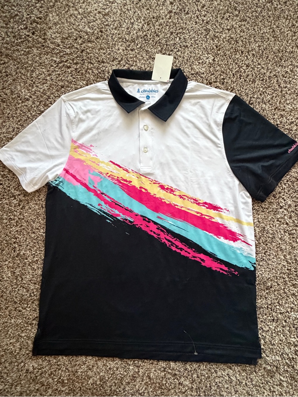 chubbies White & Black Polo with Pink, Teal & Yellow Brushstrokes